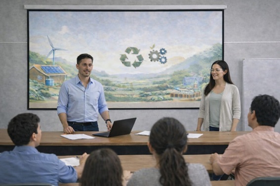 Imatge de dos professors (home i dona) impartint classe a adolescent